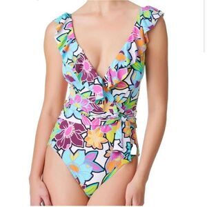 Bleu Rod Beattie Womens Floral Color Crush Ruffled One-Piece Swimsuit Multi Sz 4
